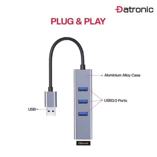 Datronic USB 3.0 to RJ45 Gigabit Ethernet Adapter with 3‑Port USB Hub