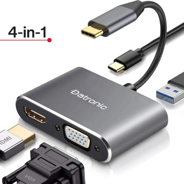 Datronic USB‑C 4‑in‑1 HDMI & VGA Dual Display Multiport Adapter with 100W PD