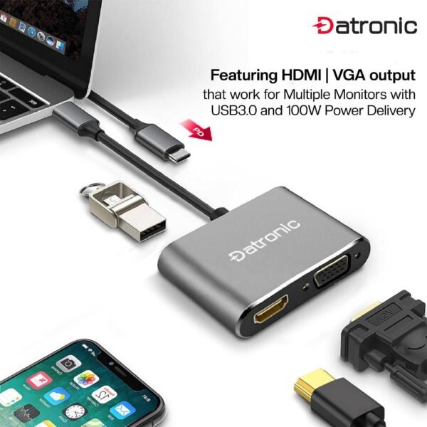 Datronic USB‑C 4‑in‑1 HDMI & VGA Dual Display Multiport Adapter with 100W PD
