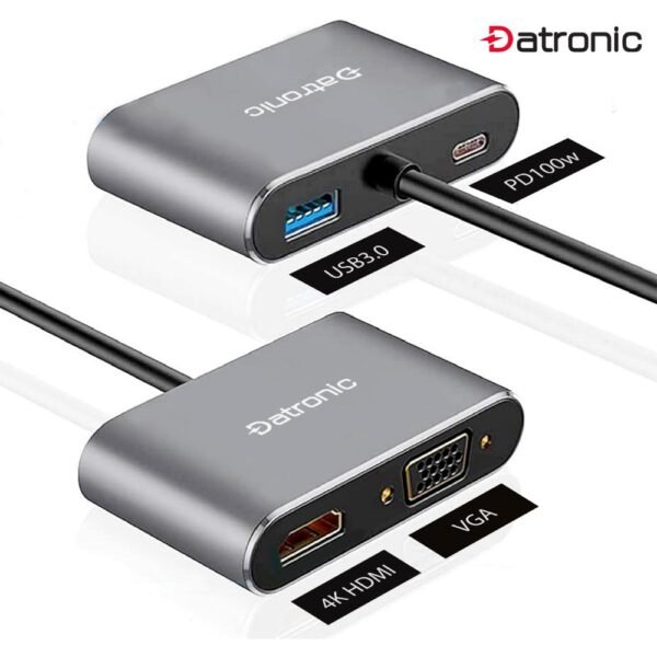 Datronic USB‑C 4‑in‑1 HDMI & VGA Dual Display Multiport Adapter with 100W PD
